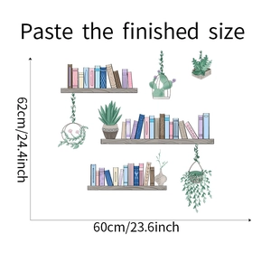 Detailed dimension guide for cartoon bookshelf wall sticker with green plants measurements
