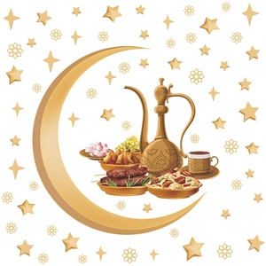 Golden Ramadan wall sticker with teapot, moon, stars, and Middle Eastern festive food