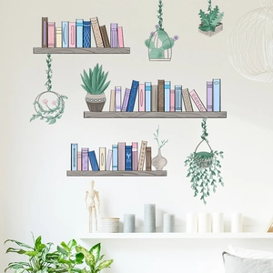 Cartoon bookshelf and green plant wall stickers for living room decor