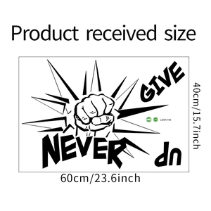 Detailed dimensions of the PVC wall sticker with Never Give Up slogan and fist design