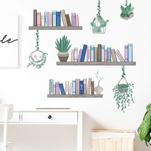 Minimalist hand-painted bookshelf and green plant wall stickers for home decor