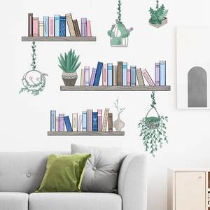 Cartoon bookshelf and hanging plants wall stickers for a cozy bedroom and living room decor