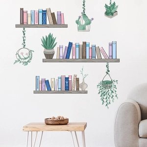 Cartoon illustrated bookshelf wall sticker with potted plants for home office decoration