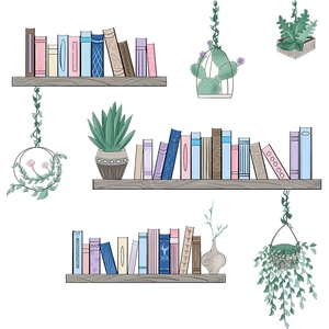 Cartoon painted bookshelf and green plant wall stickers for living room wall decor