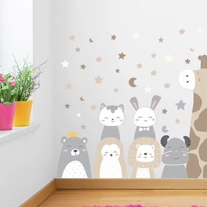 Stickers muraux animaux mignons avec lune et étoiles pour décoration de chambre d'enfant