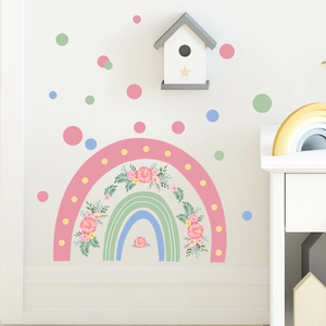 Pastel rainbow wall sticker with pink flowers for kids room and living room decor