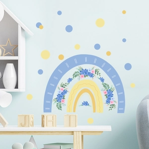 Hand-painted blue and yellow rainbow flower wall decals set for kids bedroom decor