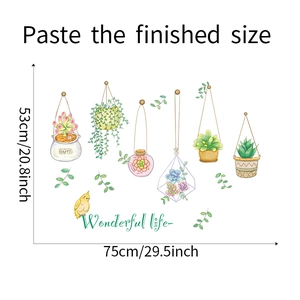 Detailed wall sticker size chart showing watercolor potted plants and 75x53cm dimensions