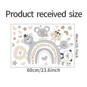 Layout details of cartoon animal and rainbow wall decals for kids room with 60x40cm dimensions
