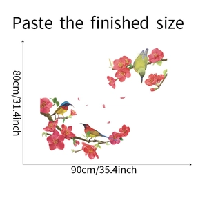 Detailed size chart for the plum blossom and bird wall decals measuring 90cm by 80cm