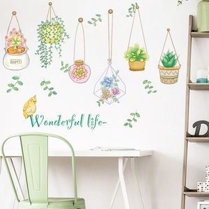 Watercolor Succulent Potted Plants Wall Stickers Fresh Green Leaves Bird Wall Decals For Living Room Bedroom Home Decor Self Adhesive PVC Poster
