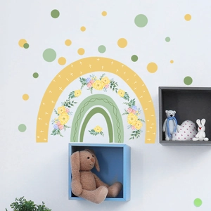 Self-adhesive rainbow and flower wall stickers for kids bedroom decor with yellow dots