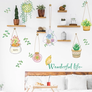 Watercolor green plant wall stickers with potted succulents and bird for home decor