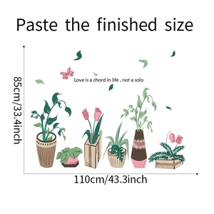 Self-adhesive wall sticker featuring potted plants and butterflies with size dimensions