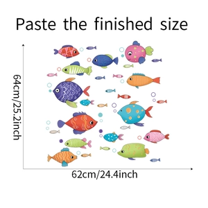 Detail showing dimensions of cute colorful cartoon fish wall stickers for bathroom decor