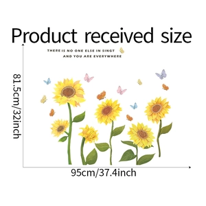 Detailed view of sunflower wall decals with butterfly motifs and size dimensions