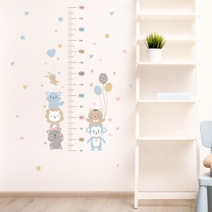 Cartoon animal height chart wall sticker for kids room featuring lion and bear