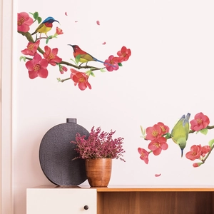 Detail of Chinese style plum blossom and colorful bird wall sticker in home setting