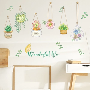 Watercolor succulent wall stickers with green plants and bird for bedroom wall decor