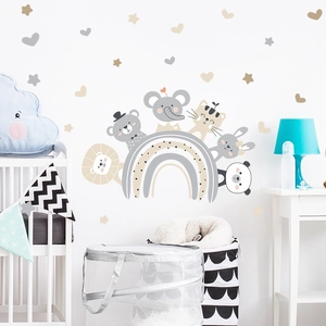 Detailed view of cartoon animal wall stickers with soft rainbow for nursery room decor
