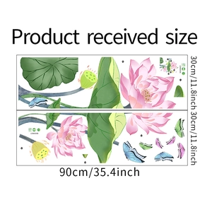 Detail view of lotus wall stickers showing 90x60cm dimensions and floral butterfly patterns