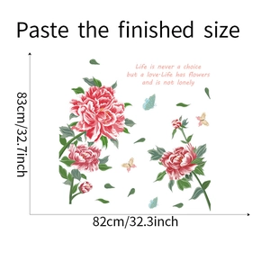 Detail view of pink peony wall sticker with butterflies showing 83x82cm dimensions