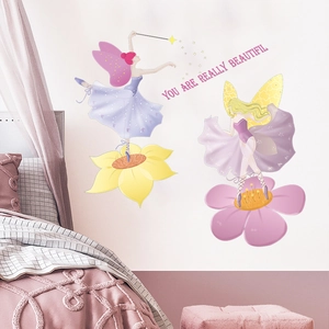 Süße Cartoon Fee Elfen Blumen Wandtattoo Kinderzimmer Mädchen Schlafzimmer Dekoration PVC Selbstklebend DIY Spruch Kunst Wandbild