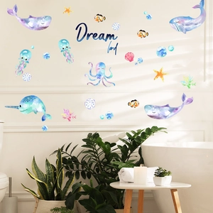 Dreamy watercolor marine life wall stickers featuring whales and jellyfish for bathroom decor