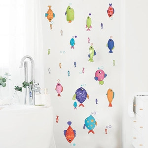 Cartoon sea fish wall stickers for bathroom decoration with colorful aquatic patterns