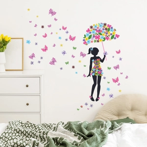 Adesivo da Parete Silhouette Ragazza Cartone Animato Ombrello Fiori Farfalla Murale PVC Removibile per Camera Bambini