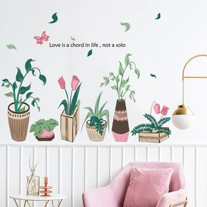 Artistic potted plant wall stickers with floral patterns for cozy room decoration