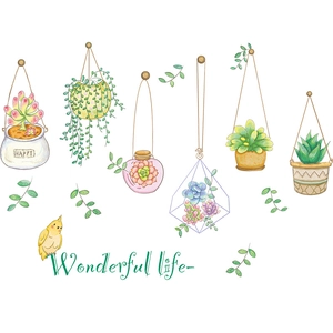 Fresh green potted plant wall stickers featuring hand-painted succulents and a yellow bird
