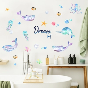 Dream land cartoon whale and octopus watercolor wall stickers for bathroom decor