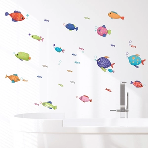 Cartoon ocean fish wall stickers for bathroom decoration with bubbles in vibrant colors