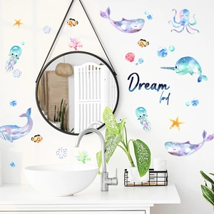 Dreamy watercolor marine wall stickers featuring whale, octopus, and jellyfish for bathroom