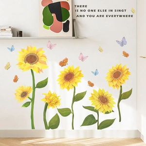 Self-adhesive sunflower and butterfly wall decals for a warm living room home decoration