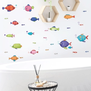 Colorful cartoon ocean fish wall stickers set for bathroom decor with cute bubble patterns
