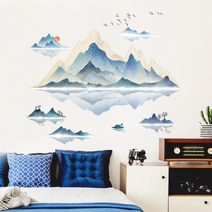 Wandtattoo im neuen chinesischen Stil mit Goldbergen und blauen Gipfeln für Schlafzimmer
