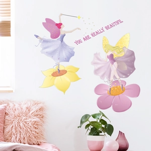 Wandsticker mit Blumenfee-Motiv für Kinderzimmer mit niedlichen Elfen und Blumen