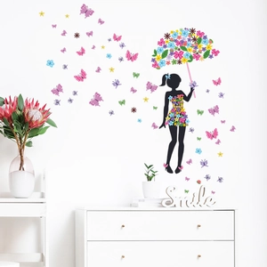Adesivo murale autoadesivo con bambina, ombrello di fiori e farfalle colorate