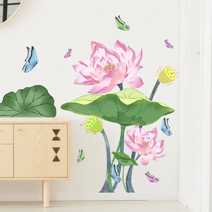 Chinese style wall stickers with pink lotus flowers, green leaves and colorful butterflies