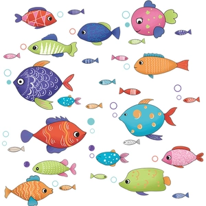 Colorful cartoon fish wall stickers with bubbles for kids bathroom and room decoration