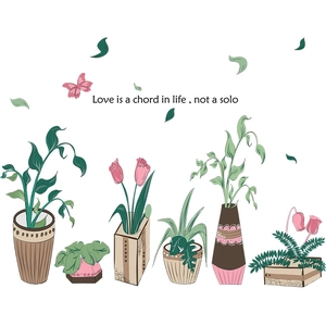 Artistic potted plant wall stickers with floral designs and butterfly for room decor