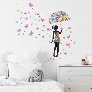 Adesivo murale moderno con silhouette di ragazza floreale e farfalle colorate per camera