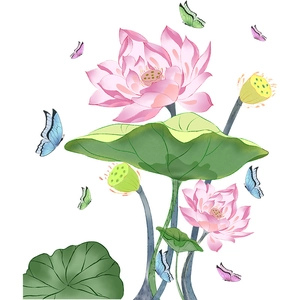 Artistic self-adhesive wall stickers with pink lotus flowers, green leaves and butterflies