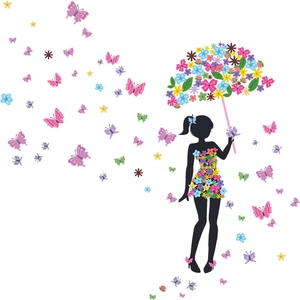 Adesivo murale silhouette di ragazza con fiori colorati e farfalle per decorazioni