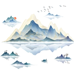 Moderne chinesische Wandaufkleber mit blauen Bergen und goldenen Akzenten