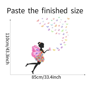 Detailed size chart showing the 110x85cm finished dimensions of the butterfly fairy wall sticker