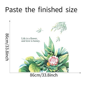 Detail showing tropical plant wall sticker with pink flower and 86cm dimension markers