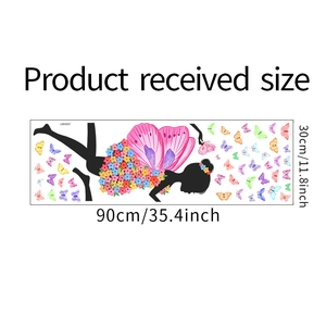 Detailed sheet of cartoon fairy wall stickers with flowers and pink wings, 30x90cm size
